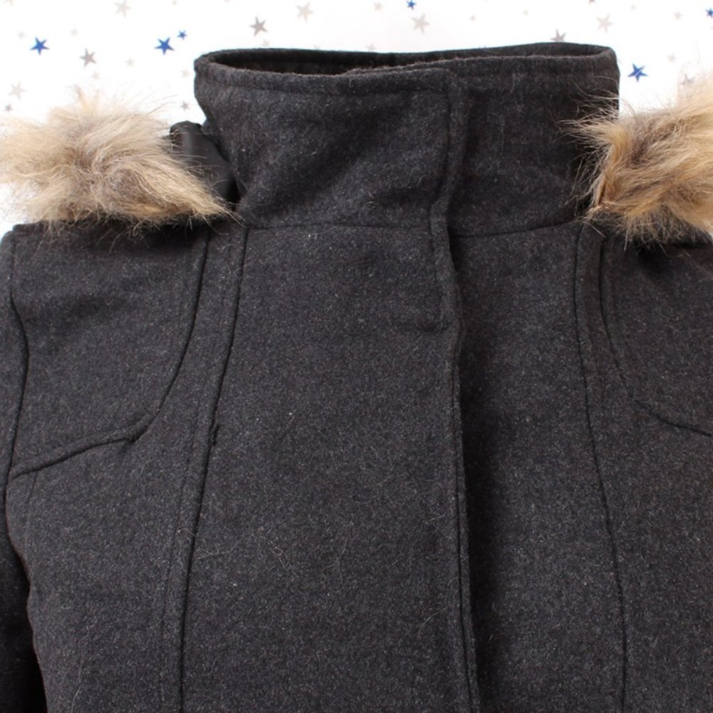 Charcoal Faux Fur Hooded Wool Blend Coat Jacket - Picture 3 of 9